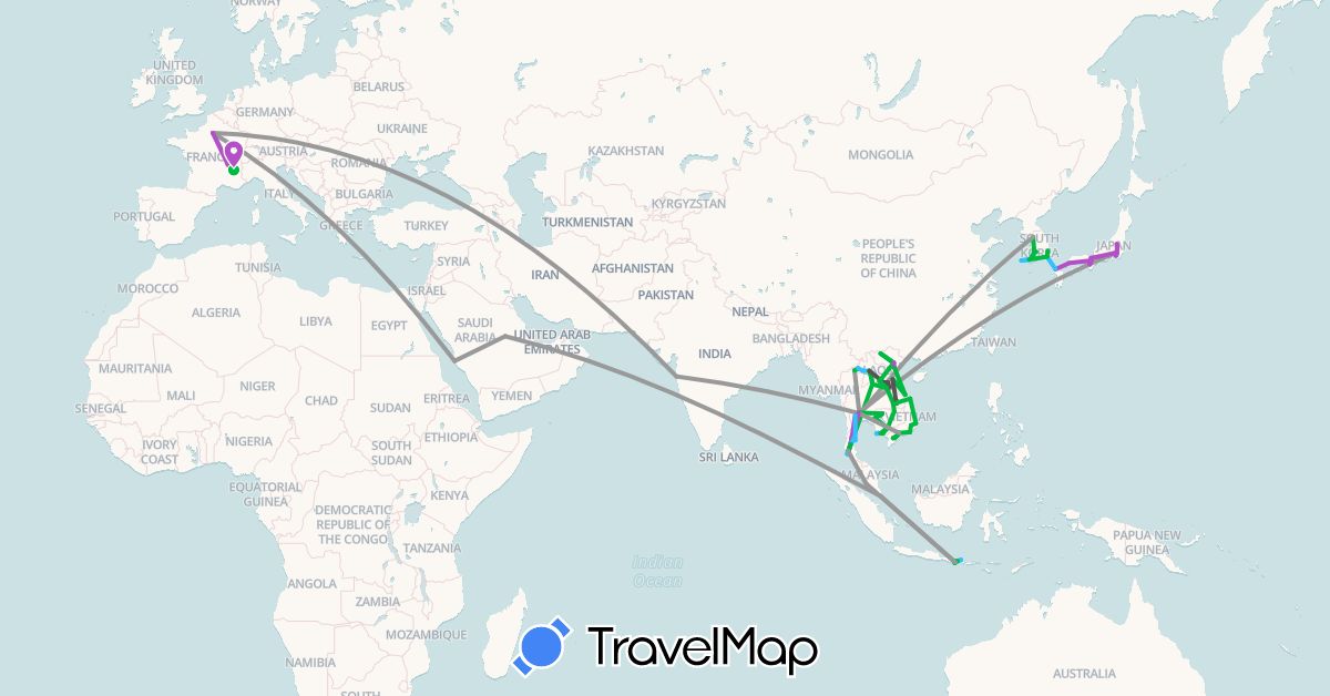 TravelMap itinerary: driving, bus, plane, cycling, train, boat, motorbike in France, Indonesia, India, Japan, Cambodia, South Korea, Laos, Malaysia, Saudi Arabia, Singapore, Thailand, Vietnam (Asia, Europe)